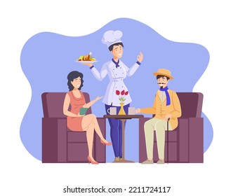 Female chef serving food to clients in restaurant. Couple having romantic dinner in restaurant. Professional cook in uniform holding platter with roasted chicken. flat vector