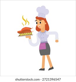 Chef fêmea servindo frango assado na ilustração vetor de placa chef, mulher, servindo, frango, assado, comida, prato, restaurante, cozinheiro, profissional, desenho animado, vetor, ilustração, culinária, refeição, jantar, delicioso, hospitalidade, equipe, uniforme