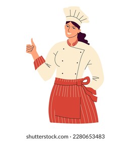 Female chef showing thumbs up. Woman gesturing approval, cool, good. Smiling character in toque and uniform. Portrait of a happy kitchen worker. Flat style isolated on white. Vector.