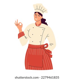 Female chef shows OK. The woman gestures to show that everything is fine and perfect. Smiling character in toque and uniform. Portrait of a happy kitchen worker. Flat style isolated on white. Vector.