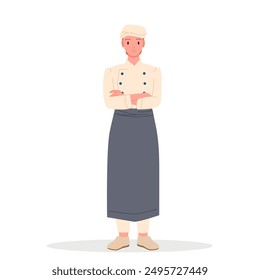 Female chef standing with arms crossed. Young cute kitchen staff in apron, hat and white uniform of professional restaurant chief or baker smiling, front portrait of woman cartoon vector illustration