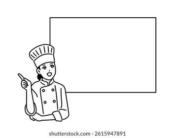 A female chef standing with her finger up and inspiring