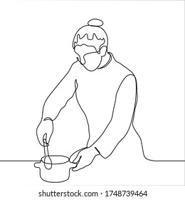 female chef is stirring food with a spoon in a pan. A woman is preparing food in professional cook clothes. One continuous line art cooking