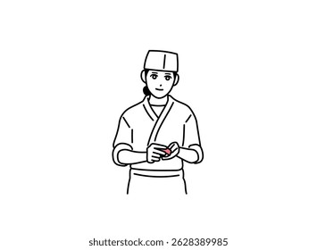A female chef at a sushi restaurant making sushi