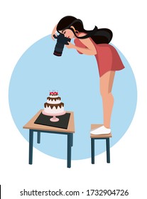 
Female chef taking picture of cake on table by camera. Girls taking picture of sweet food for her blog. Stock vector illustration.