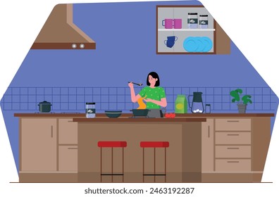 The female chef tastes her recipe of delicious food