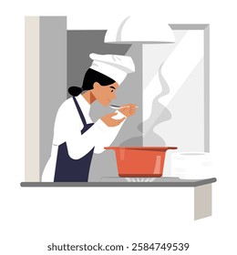 Female Chef Tasting Dish In Flat Vector Illustration Symbolizing Culinary Arts, Cooking Skills, and Professional Kitchen, Isolated On White Background