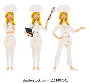 Female chef in three poses.