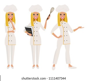 Female chef in three poses.