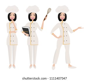 Female chef in three poses.