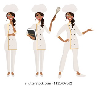 Female chef in three poses.