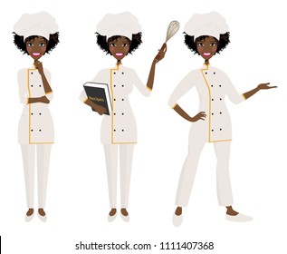 Female chef in three poses.