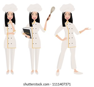 Female chef in three poses.