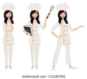 Female chef in three poses.