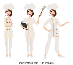 Female chef in three poses.