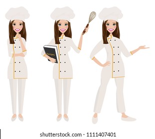 Female chef in three poses.