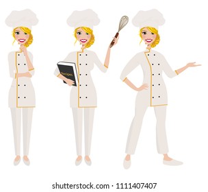 Female chef in three poses.