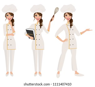 Female chef in three poses.