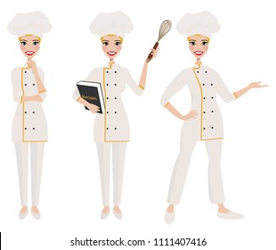 Female chef in three poses.