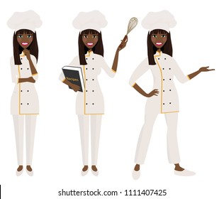 Female chef in three poses.