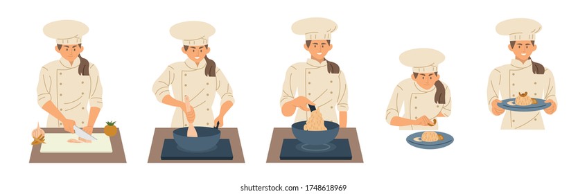 Chef femenino con cocina uniforme en diferentes posiciones ilustraciones vectoriales de estilo plano