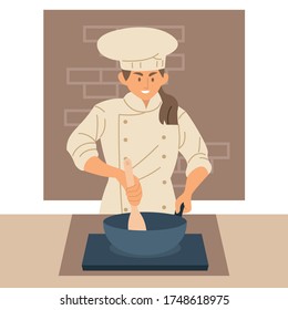Female chef in uniform cooking and preparing food flat style vector illustration