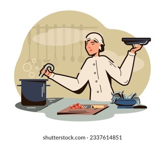 Female chef in uniform cooking soup with tomatoes. Cartoon character in uniform cooking on kitchen. Commercial food industry concept. Colorful flat vector illustration in cartoon style