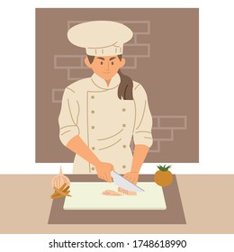 Female chef in uniform cutting and preparing food flat style vector illustration