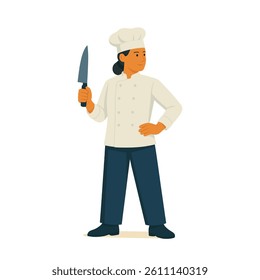 Female chef in uniform holding a knife – modern flat vector character illustration for cooking, kitchen, and culinary profession concepts.