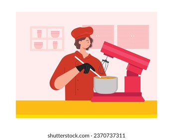 A female chef in a uniform and red hat, mixing dough with a mixer machine and stirring using a stick in her gloved hand. Character design. Vector flat illustration