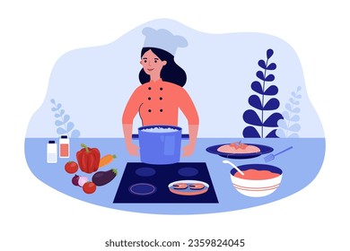 Chef femenino con diferentes técnicas de cocina en la cocina. Feliz cocinero friendo pescado, hirviendo agua o verduras al vapor en la ilustración del vector del restaurante. Cocina, cocina, alimentos, concepto de dieta