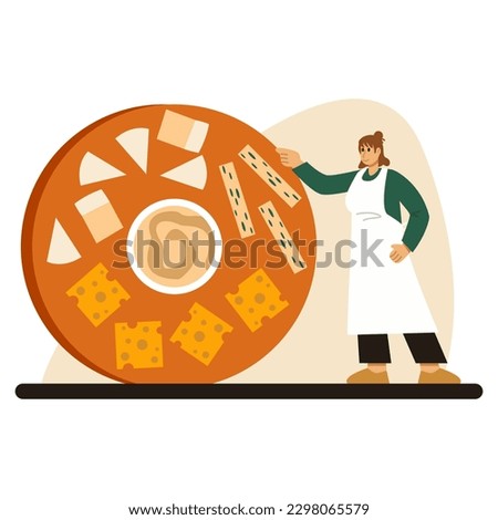 Female chef in white coat and protective clothes standing near tasting table with different sliced cheese product with sauce. Concept of cheese tasting process. Vector illustration in flat design
