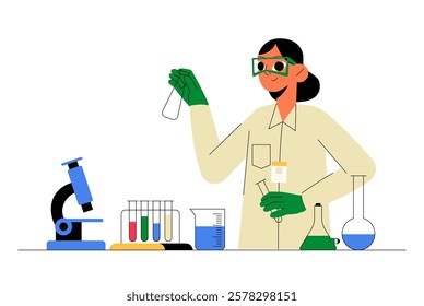 Female Chemist Conducting Experiment In Flat Vector Illustration Symbolizing Laboratory Research, Scientific Discovery, And Chemistry, Isolated On White Background