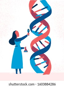 Female chemist does research of DNA helix holding magnifying glass and test glass - Vector illustration