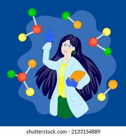 A female chemist in a dressing gown with an folder in her hands.Background with atomic crystal lattice. Science discovery concept.Discovery, ideas. Design element.