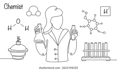 A female chemist holds flasks in her hands. Near her is a stand with test tubes and a desiccator. A specialist who studies substances, their properties, composition, structure, and chemical reactions.