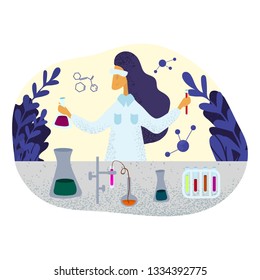 Female chemist scientist in lab coat doing research in laboratory. Computational neuroscience, scientific research, machine learning. Vector illustration in flat cartoon style. - Vector
