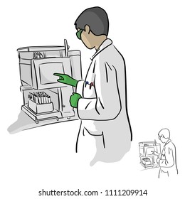 Female chemist using computer in laboratory vector illustration sketch doodle hand drawn with black lines isolated on white background