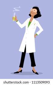 Female chemistry scientist in a lab coat holding a vile, EPS 8 vector illustration