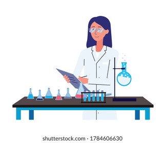 Female chemistry scientist standing behind science laboratory equipment desk and writing - isolated flat cartoon character woman in lab coat - vector illustration.