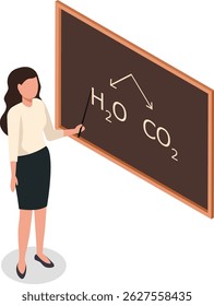 Female chemistry teacher using pointer stick while explaining chemical formula of water and carbon dioxide on blackboard during chemistry lesson in isometric illustration
