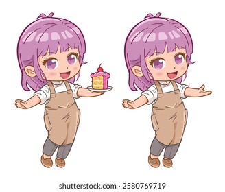 A female chibi bakery chef wearing uniform and apron, holding a plate of cake. Cute and kawaii cartoon character illustration.