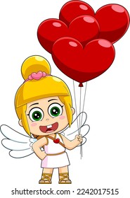 Female Chibi Cupid Baby Cartoon Character With Heart Balloons. Vector Hand Drawn Illustration Isolated On Transparent Background