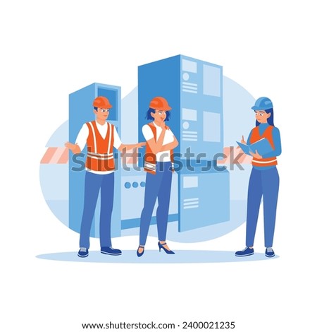 Female chief engineer talking with colleagues. They work on heavy industrial manufacturing projects. Briefings concept. trend modern vector flat illustration