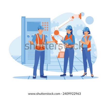 The female chief technician provides direction to employees before work hours start. They work in heavy industrial manufacturing. Briefings concept. Trend Modern vector flat illustration