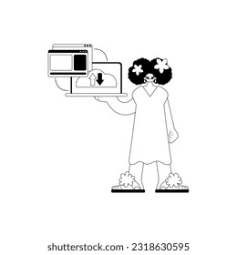 The female child with the browser that synchronizes the datum . Cloud repositing beginning . black and white ancestry artwork. Trendy style, Vector Illustration