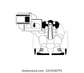 The female child with the browser that synchronizes the datum . Cloud repositing beginning . char and white ancestry artwork. Trendy style, Vector Illustration