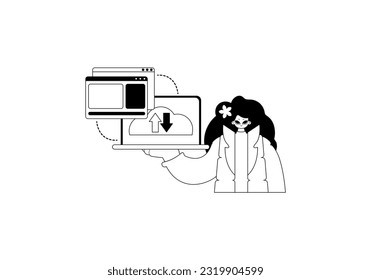 The female child with the browser that synchronizes the datum . Cloud repositing beginning . black and white lineage art. Trendy style, Vector Illustration