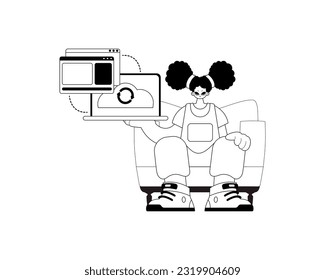 La niña con el navegador que sincroniza el dato . El reposicionamiento en la nube comienza. obras de arte de carnaval y de ascendencia blanca. Estilo de moda, Ilustración vectorial