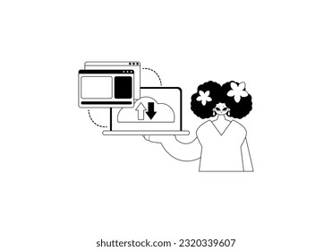 La niña con el navegador que sincroniza el dato . El reposicionamiento en la nube comienza. obras de arte de ascendencia negra y blanca. Estilo de moda, Ilustración vectorial